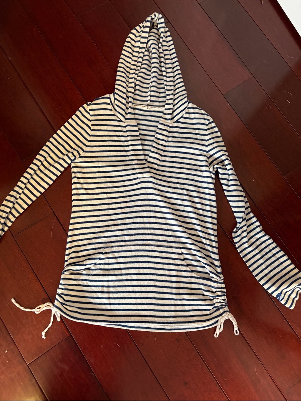 Roxy Striped Hooded V-Neck Sweater in White and Navy